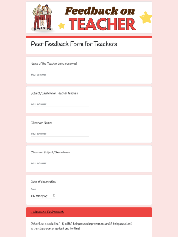 Peer Feedback Form for Teachers