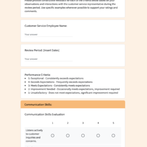 Peer Feedback form for Customer Service