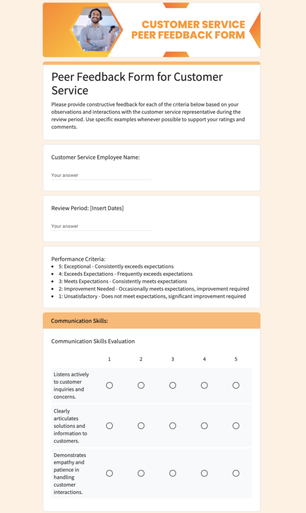 Peer Feedback form for Customer Service