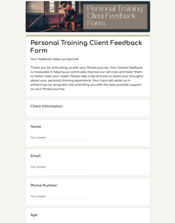 Personal Training Client Feedback Form