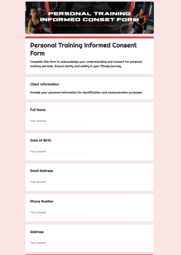 Personal Training Informed Consent Form