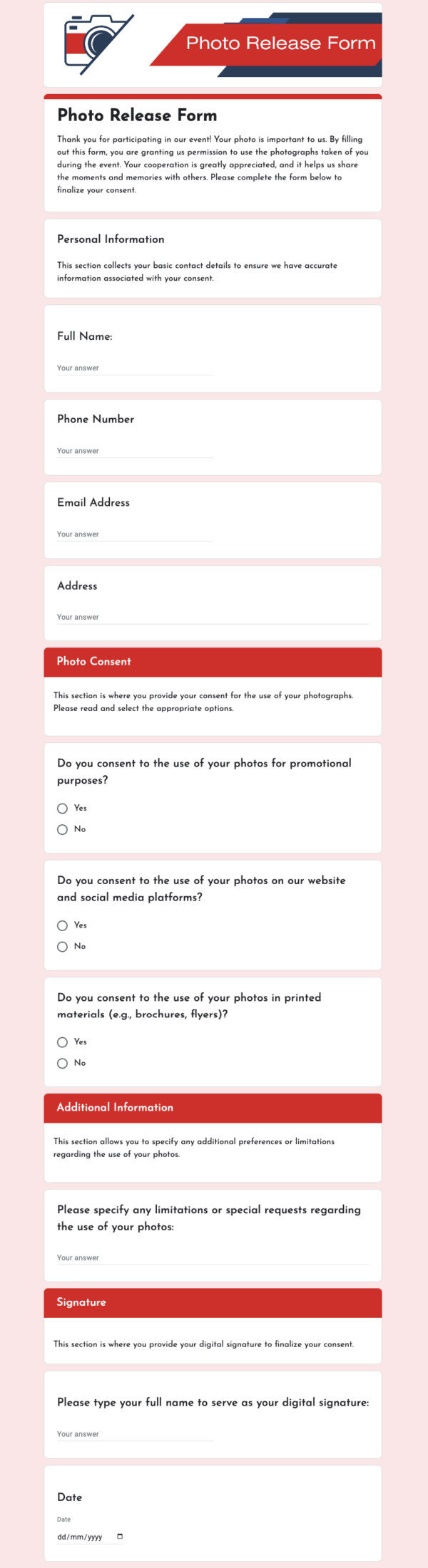 Photo Release Form Template