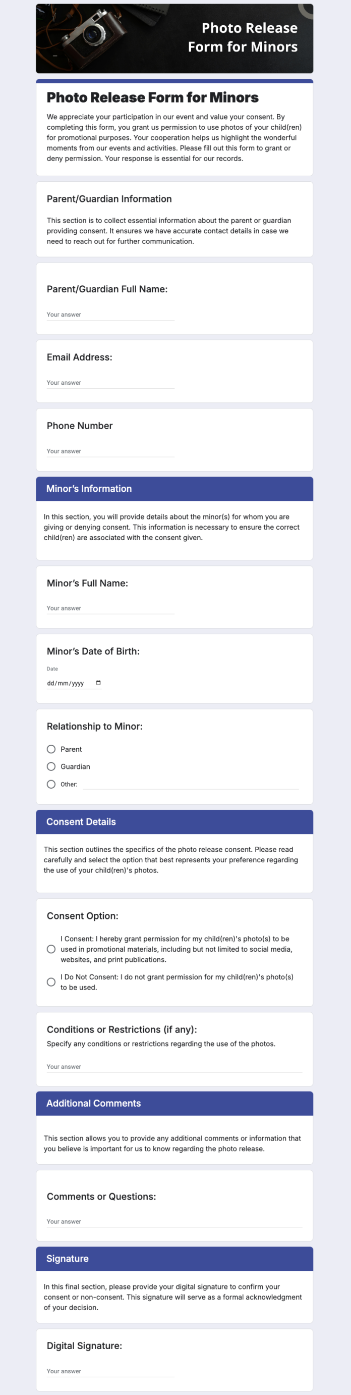 Free Photo Release Form for Minors Template in Google Forms