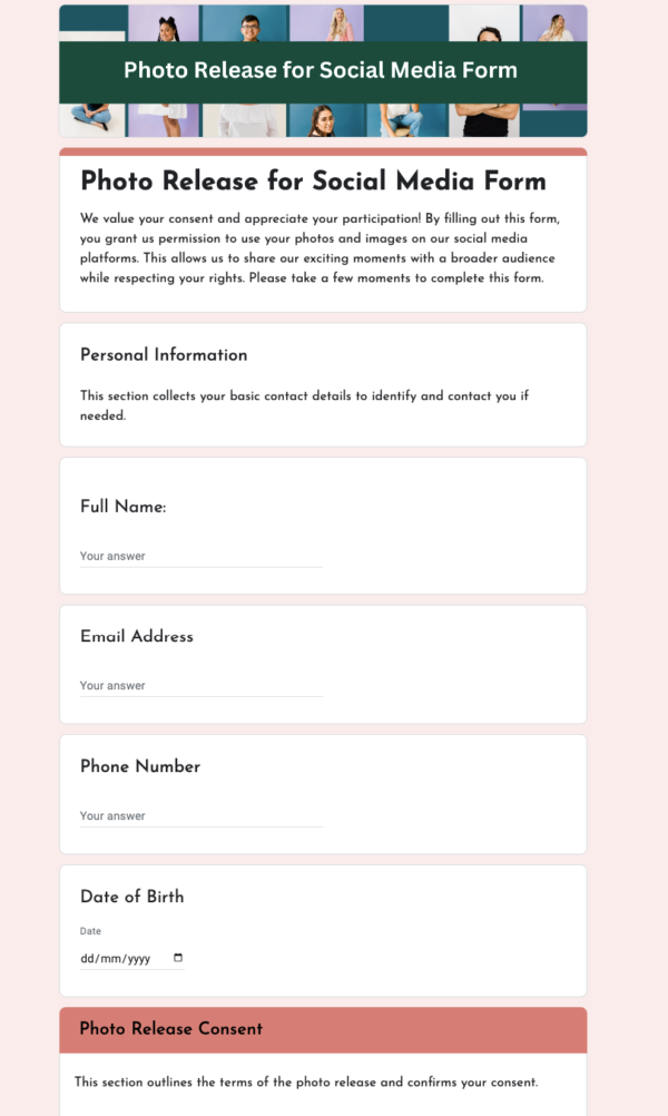 Photo Release for Social Media Form