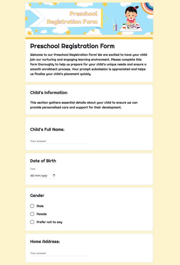 Preschool Registration Form