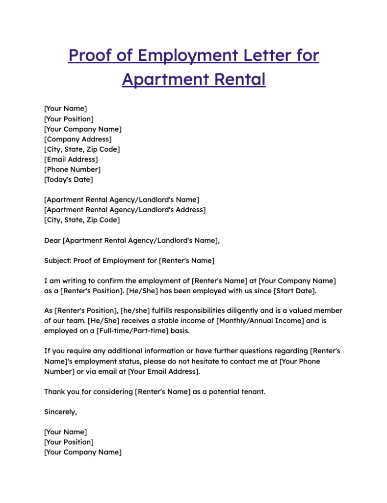 Proof of Employment Letter for Apartment Rental