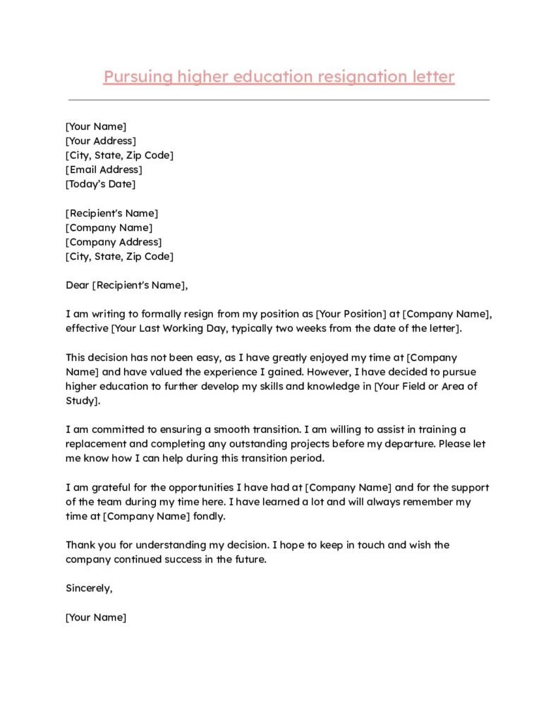 Pursuing higher education resignation letter