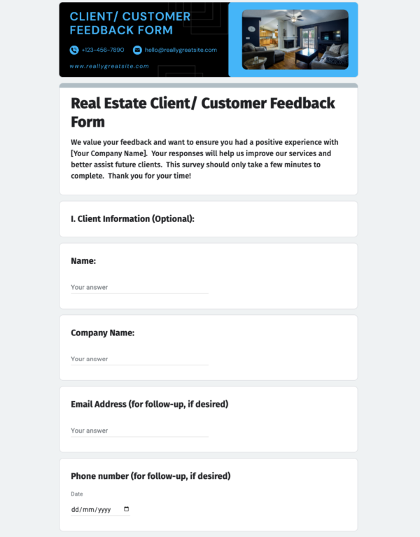 Real Estate Client Customer Feedback Form