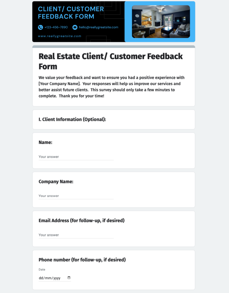 Free Real Estate Client/ Customer Feedback Form Template in Google Forms