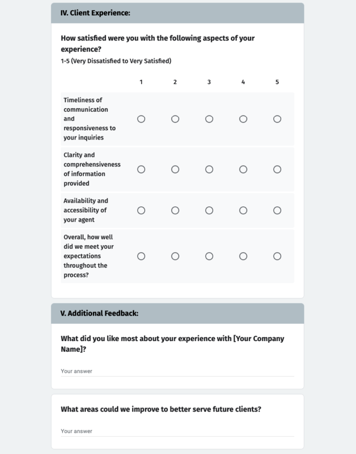 Free Real Estate Client/ Customer Feedback Form Template in Google Forms