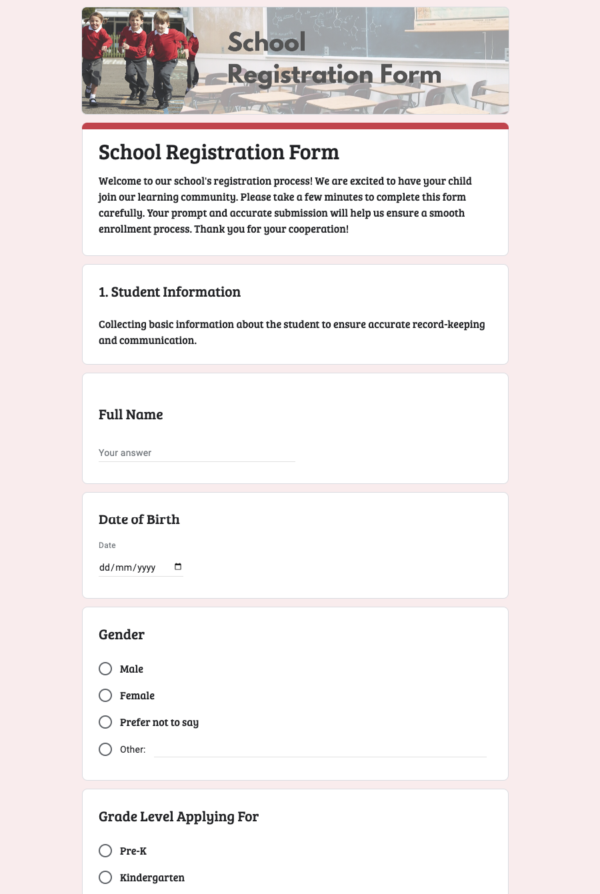 SChool registration form