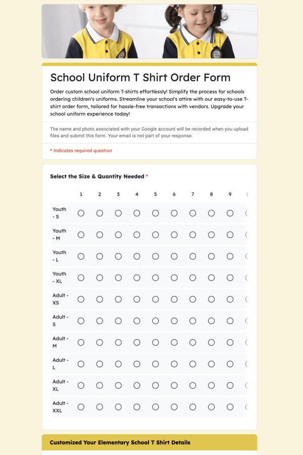 School Uniform T Shirt Order form