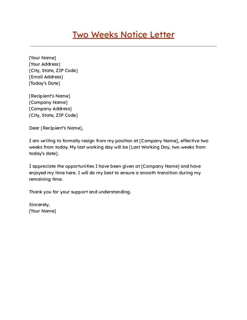 Simple Two Weeks Notice Letter