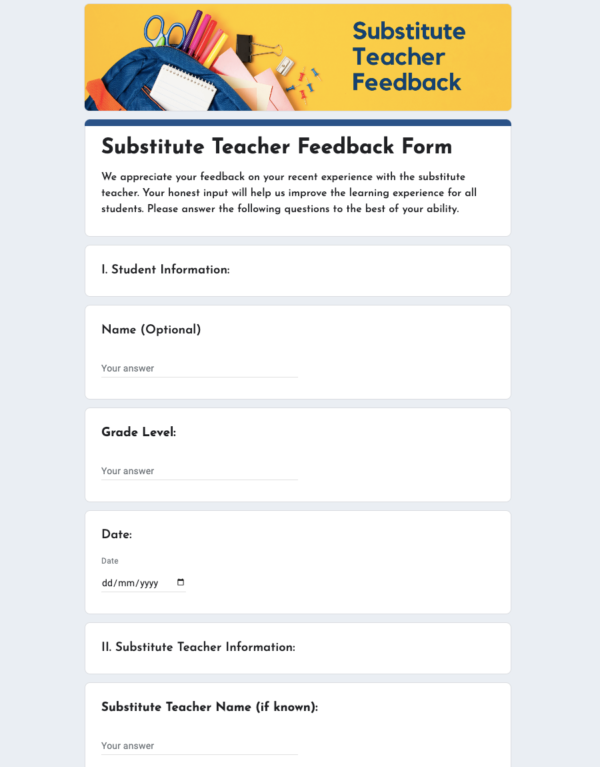 Substitute Teacher Feedback Form