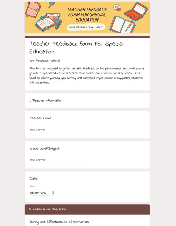 Teacher Feedback form For Special Education