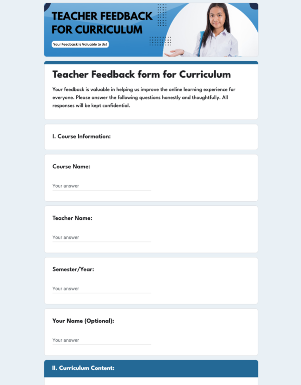 Teacher Feedback form for Curriculum