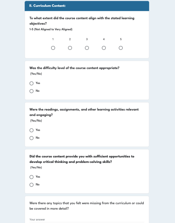 Teacher Feedback form for Curriculum