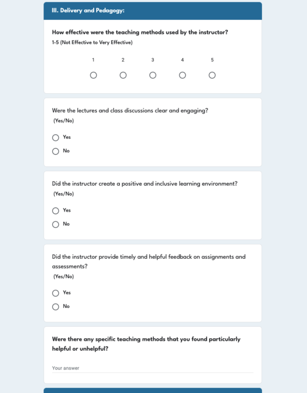 Teacher Feedback form for Curriculum