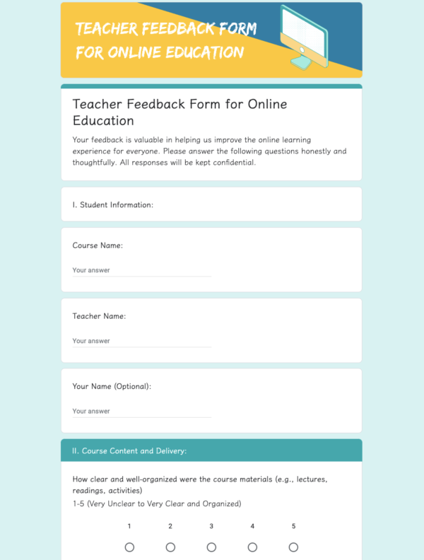 Teacher Feedback form for Online Education