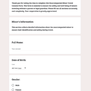 Unaccompanied Minor Travel Consent form