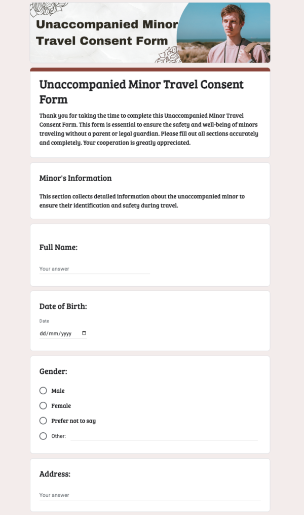 Unaccompanied Minor Travel Consent form