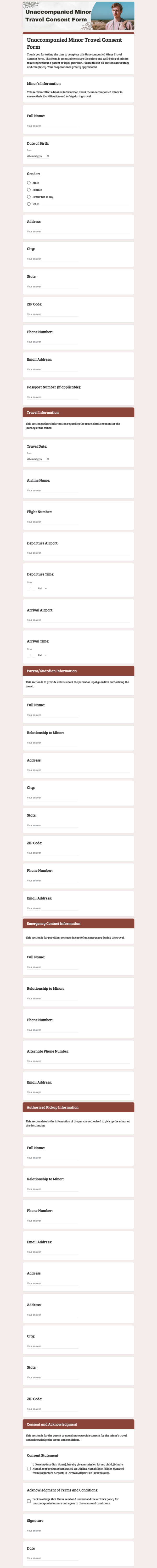 Unaccompanied Minor Travel Consent form template