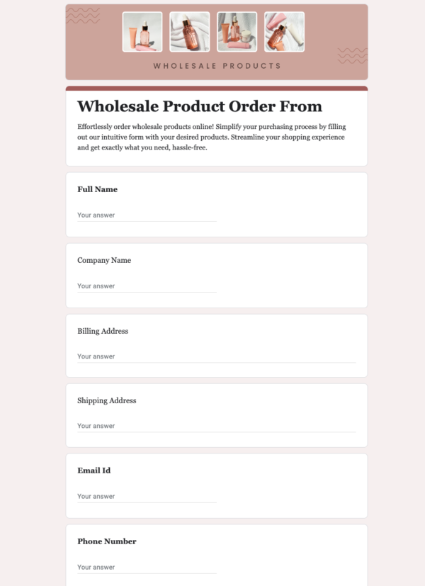 Wholesale products order form