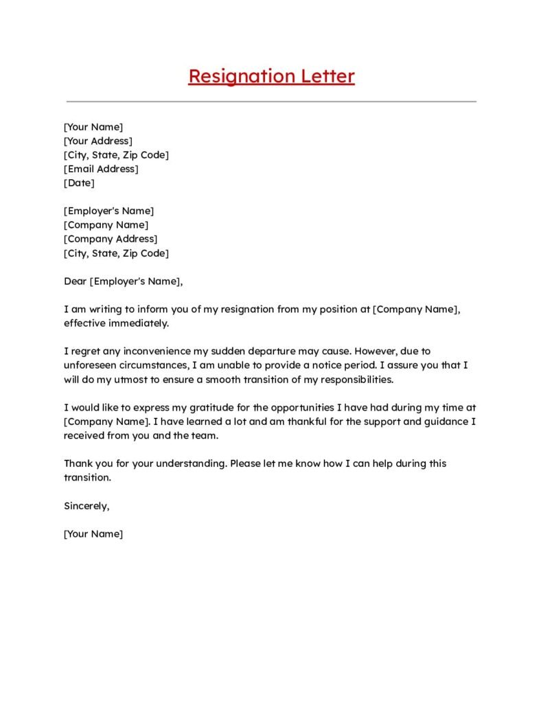 Without Notice Period Resignation Letter