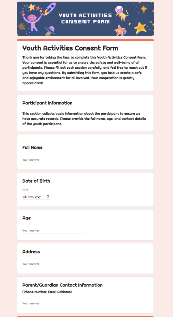 Youth Activities Consent Form