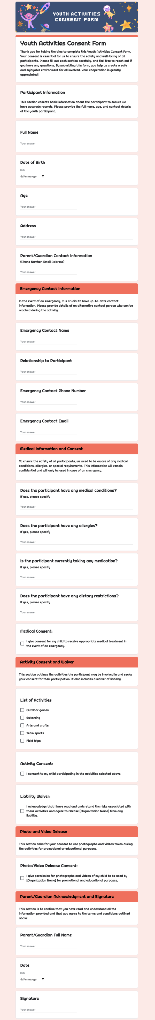 Youth Activities Consent Form Template