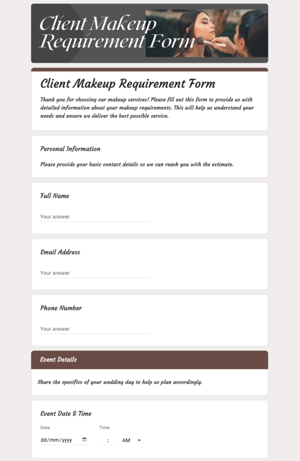 client makeup requirements form