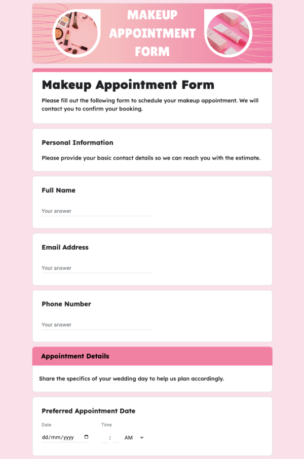 makeup appointment form